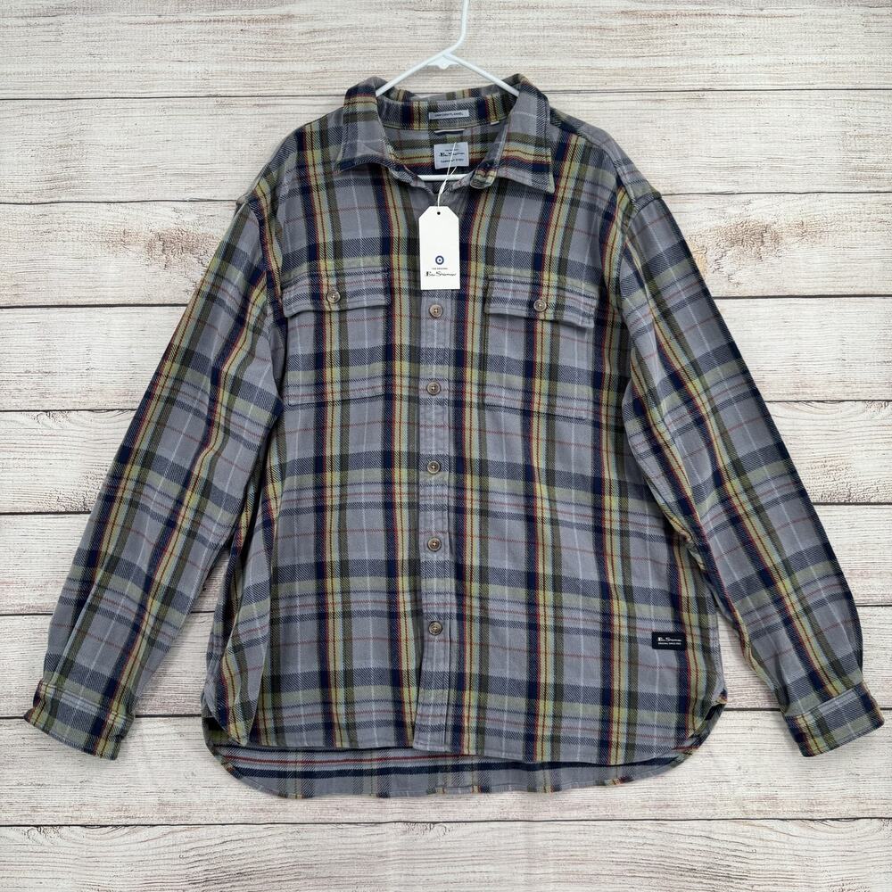 Ben‎ Sherman Flannel Shirt Mens 2XL Dusty Blue Plaid Uniform Button Up Cotton